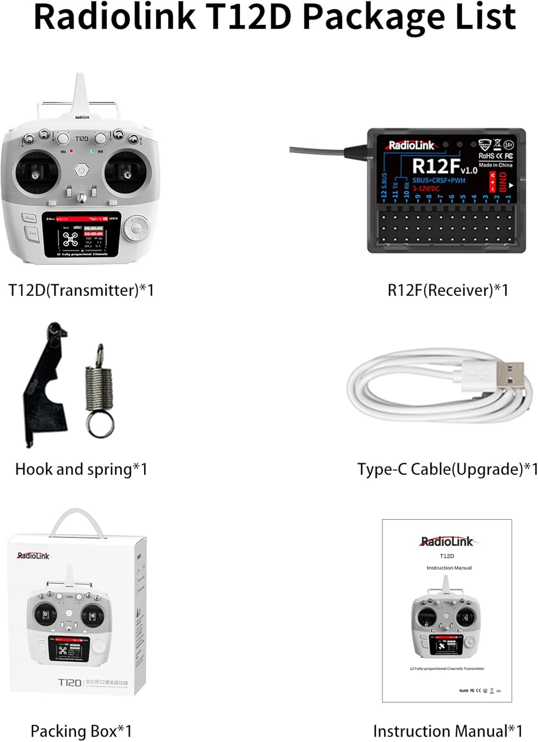 Radiolink T12D 12CH 2.4G RC Transmitter R12F Receiver, Supports ELRS/Crossfire Long Range Modules, 50 Models Storage, 4km Long Range RC Remote Controller for RC Airplane, Drone, Crawler, Car, Boats