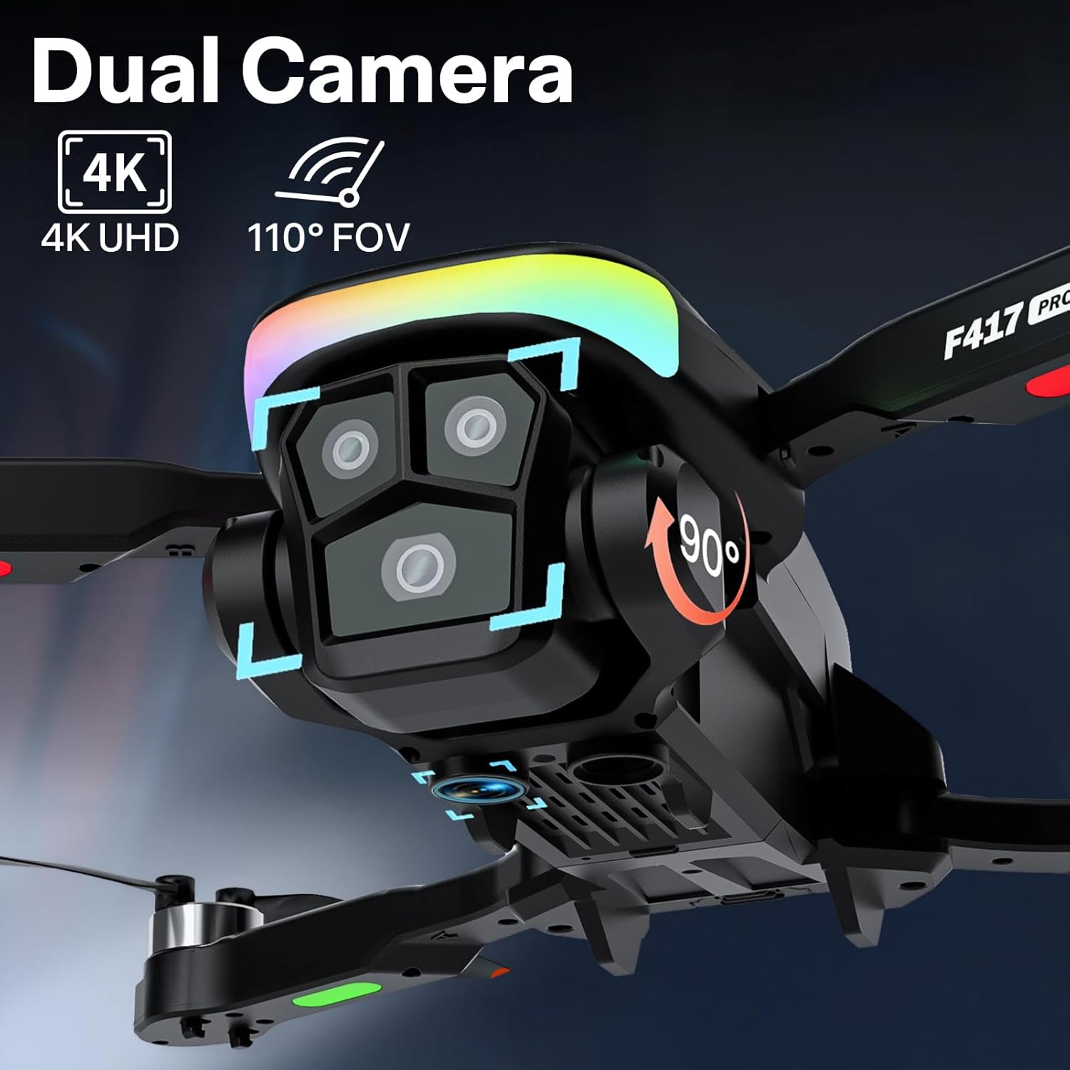 F417PRO Drone with 4K Camera Screen Remote Control,RGB LED Light FPV Drone Quadcopter for Adults Beginners,Headless Mode Altitude Hold Optical Flow Positioning,One Key Start/Land Foldable