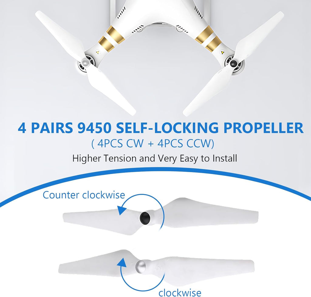 Tbest for DJI Phantom 3 Propellers,8Pcs/Set CW CCW Self Locking Propeller Quadcopter Blade 9450 Low Noise Propellers Replacement Part for 1/2/3/3PRO Standard Drone Blades,Drone Accessories