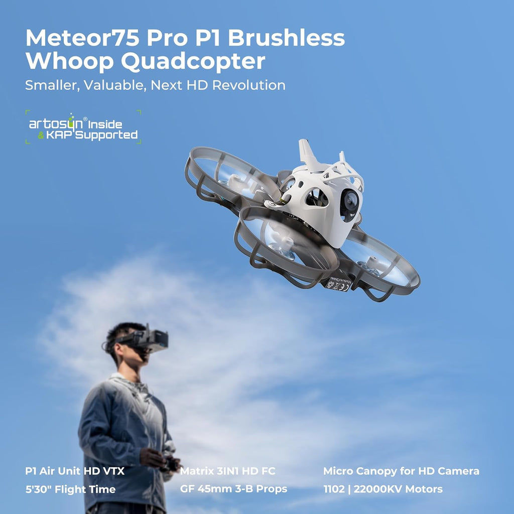 BETAFPV ELRS Meteor75 Pro P1 1S Brushless Cinewhoop Drone Quadcopter with 1080P P1 Air Unit HD VTX, Matrix 1S 3IN1 HD FC, 1102 22000KV Motor, 45mm 3-Blade Prop for FPV Cinematic, Fly Time Up to 5.5Min