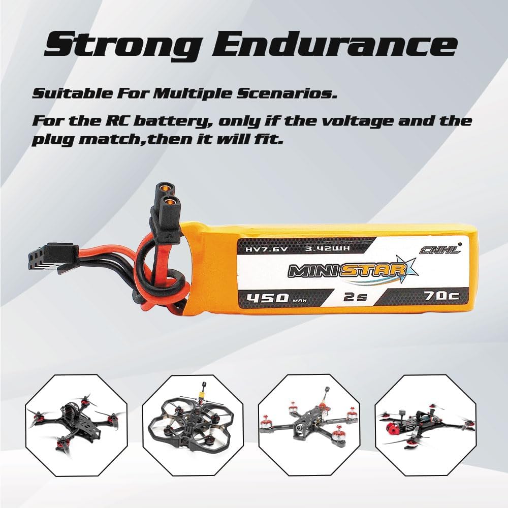 CNHL 450mAh 2S Lipo Battery 7.6V High Voltage lipo Battery 70C with XT30 Plug for Emax Babyhawk RC Heli 250 Helicopter Axial SCX24 Trashcans Larva X Micro FPV Racing Drone Quadcopter(3 Packs)