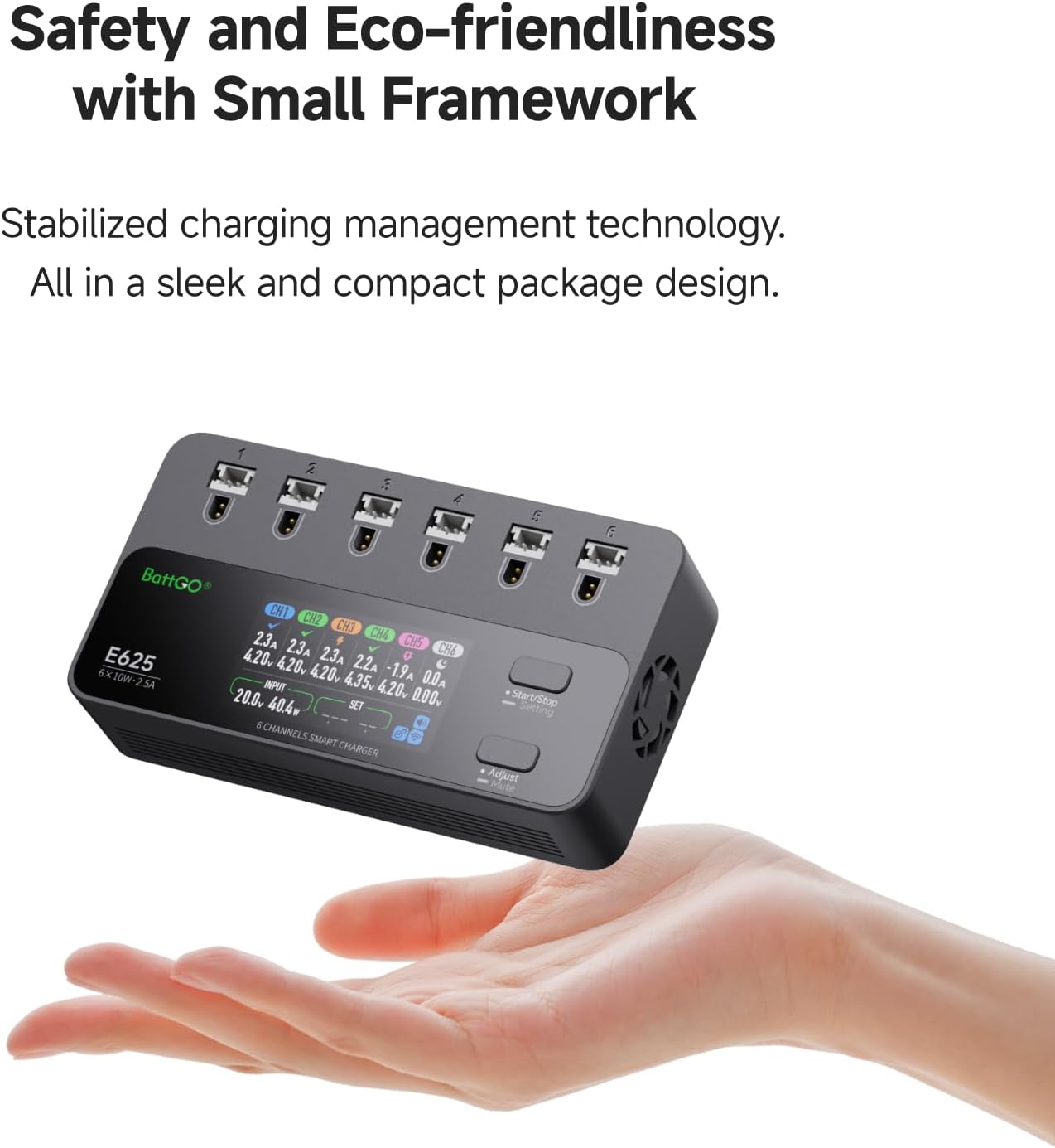 ISDT E625 6-Channel 1S LiHV/LiPo Battery IPS Screen Smart Charger/Discharger, Type-C/XT60 PD Powered with BT2.0/PH2.0 Ports, Features 4.35V 2.5A Fast Charging for Tiny Whoop FPV Drones RC Batteries
