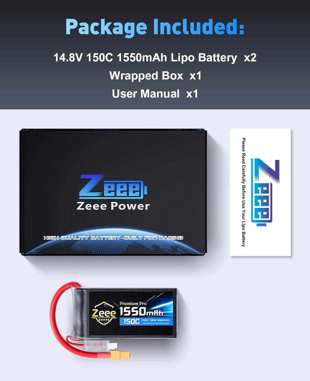 Zeee Premium Pro 1550mAh 4S Lipo Battery 14.8V 150C Ultra-Low IR Soft Pack RC Battery with XT60 Plug for FPV Drone Quadcopter Racing Helicopter Airplane RC Boat RC Car RC Models(2 Pack)