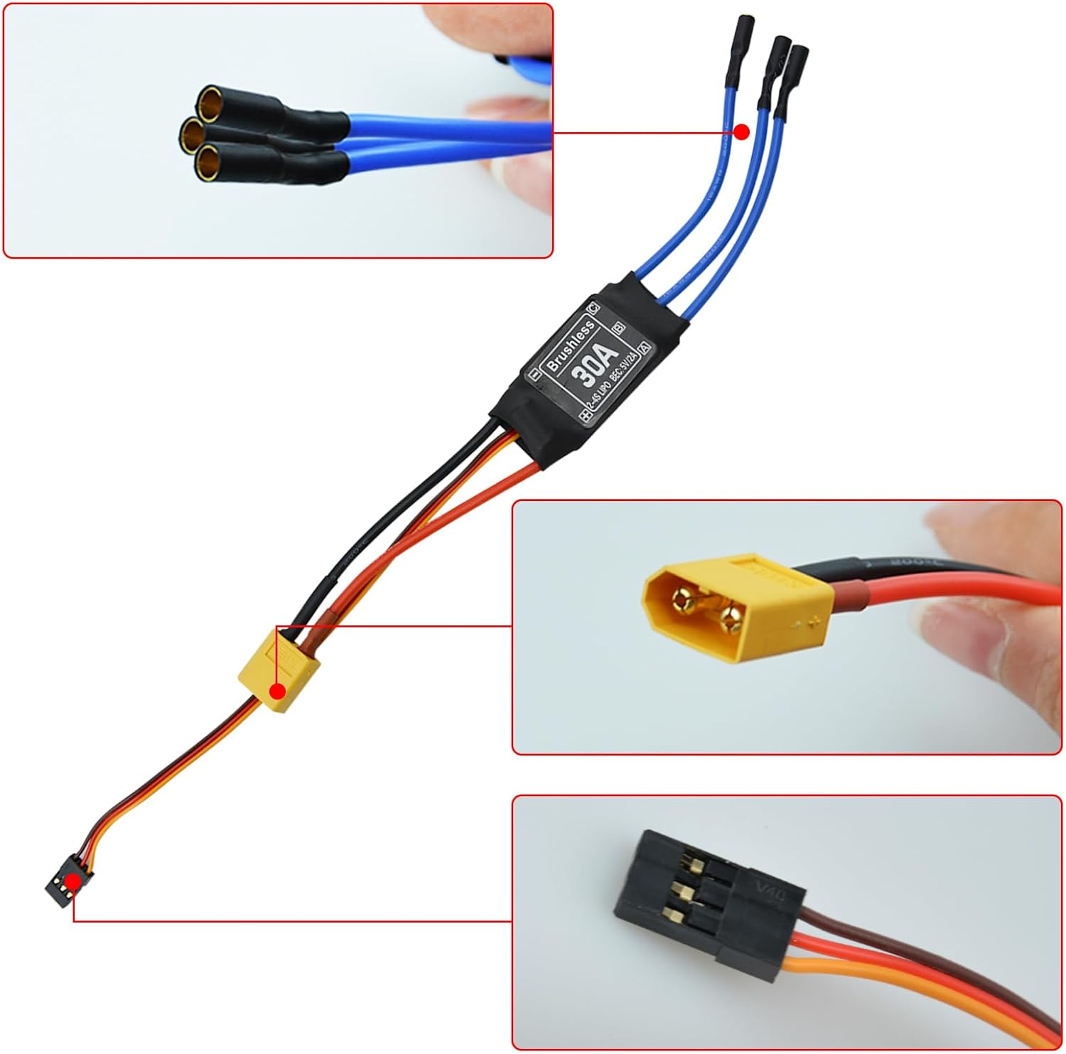 30A Electric Brushless Motor Controller, 2 Pcs ESC Speed Controller with XT60 and 3.5mm Bullet Plugs for RC Drone RC Airplane Helicopter (30A)