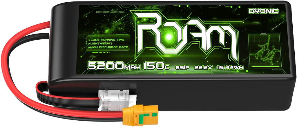 OVONIC Roam Series 6S Lipo Battery 5200mAh 6S1P 150C 22.2V Long Range Lipo Battery with XT90-S Anti Spark Plug for 7-10 inch Long Range Drone 6S HD Cinelifter Multirotor X-Class