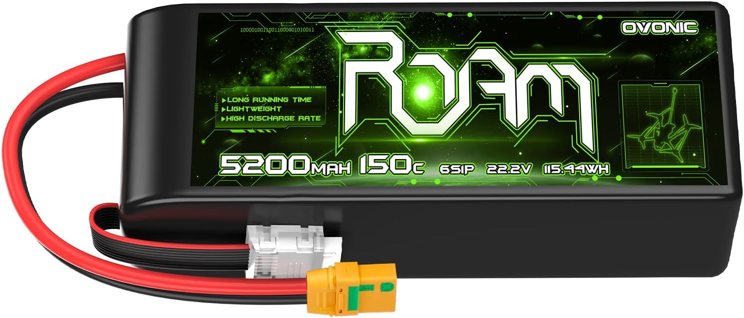 OVONIC Roam Series 6S Lipo Battery 5200mAh 6S1P 150C 22.2V Long Range Lipo Battery with XT90-S Anti Spark Plug for 7-10 inch Long Range Drone 6S HD Cinelifter Multirotor X-Class