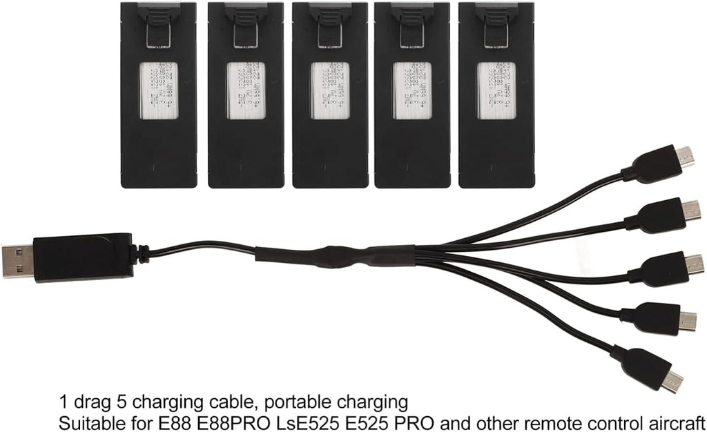 5Pcs Drone Lithium Battery, 3.7V 1800mAh RC Drone Lithium Battery for E88 E88PRO LsE525 E525 PRO, with 5 in 1 Charging Cable