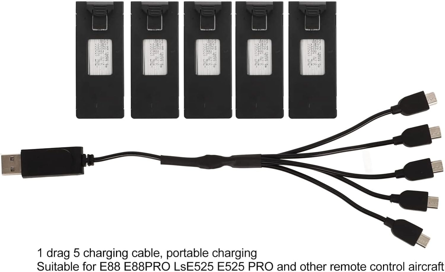 5Pcs Drone Lithium Battery, 3.7V 1800mAh RC Drone Lithium Battery for E88 E88PRO LsE525 E525 PRO, with 5 in 1 Charging Cable