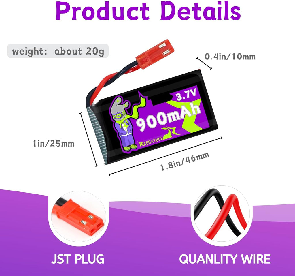 3.7V Lipo Battery 900mAh JST Plug 932540 for MJX Syma Holy Stone Sky Viper RC Quadcopter Drone X56W X400 X400W X300C X400C X800 HS110 HS200 S670 V950hd S1750 V2450 with Chargrer