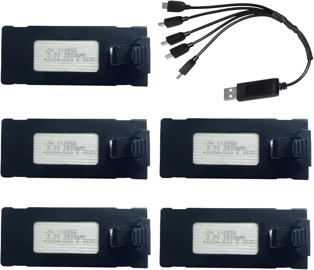 1800mAh 3.7V Battery for E88 E88PRO E99 E99PRO E525 P1 P5 P8 K3 P15 P15PRO LS-S1S V88 Drone Quadcopter Rechargable Battery with USB Charging Cable (5 Pack)