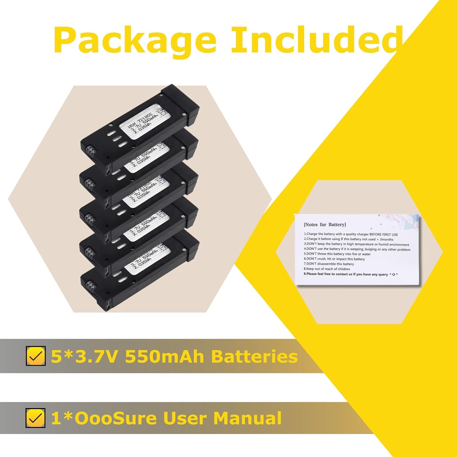 5 pcs 550mAh 25C 721855 Case Protected Lipo Batteries Compatible with E58 L800 JY019 S168 3.7V WiFi Mini FPV Quadcopter RC Drone