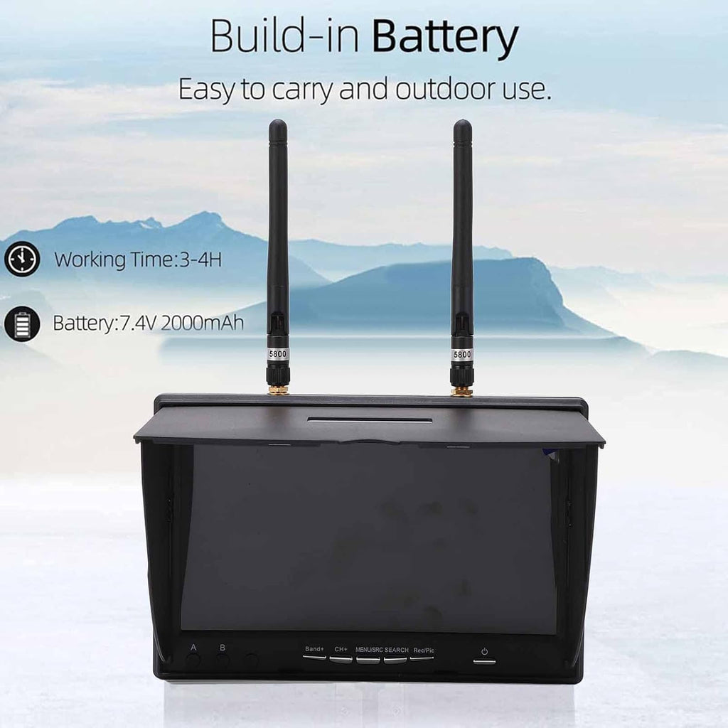 5.8Ghz FPV Receiver Monitor 7 Inch, Dual Diversity Receiver with 40 Channels Auto-Scan, 800x480 Resolution 600cd/m2 Brightness LCD Screen for FPV Drone Racing and Outdoor Monitoring