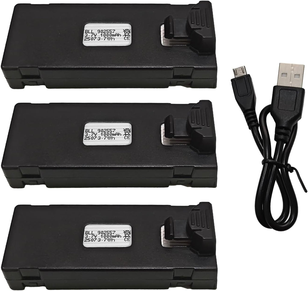 Fytoo 3PCS 3.7V 1000mAh Lipo Battery with 1PCS USB Charging Cable for E88 E88MAX E99 E99MAX BD101 P15PRO P8 A13 A15 K10MAX RC Drone Battery Aerial Photography Quadcopter