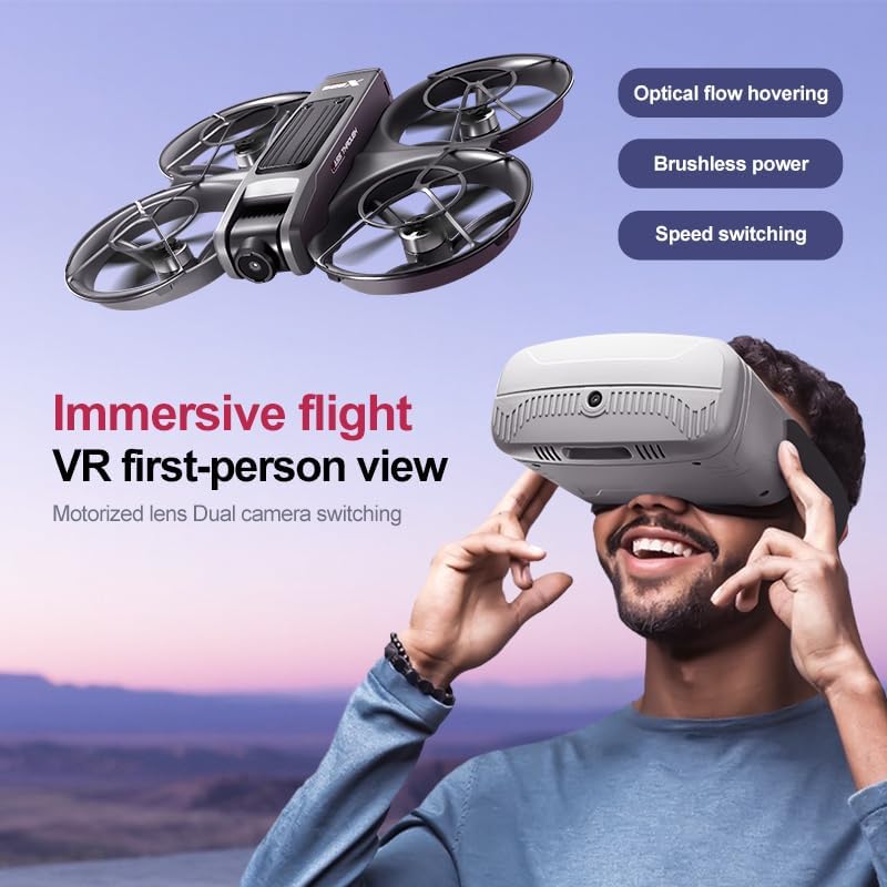 VR FPV Hobby Drone with VR Goggles, One Key Takeoff/Landing, APP Control, Brushless Motor, Dual Batteries, Beginner-Friendly Quadcopter with Propeller Guards, Altitude Hold, Optical Flow Positioning, Dual Cameras & LED Night Lights, a first-person view