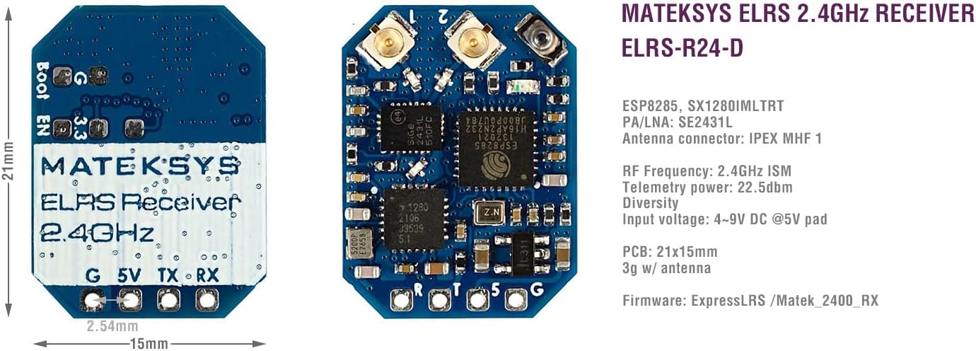 Matek Systems 2.4G ExpressLRS ELRS ELRS-R24-D Diversity Rx Receiver Support CRSF Protocol for Micro Carbon Fiber Long Range FPV Racing Quadcopter Quad Frame kit RC Drone Frame