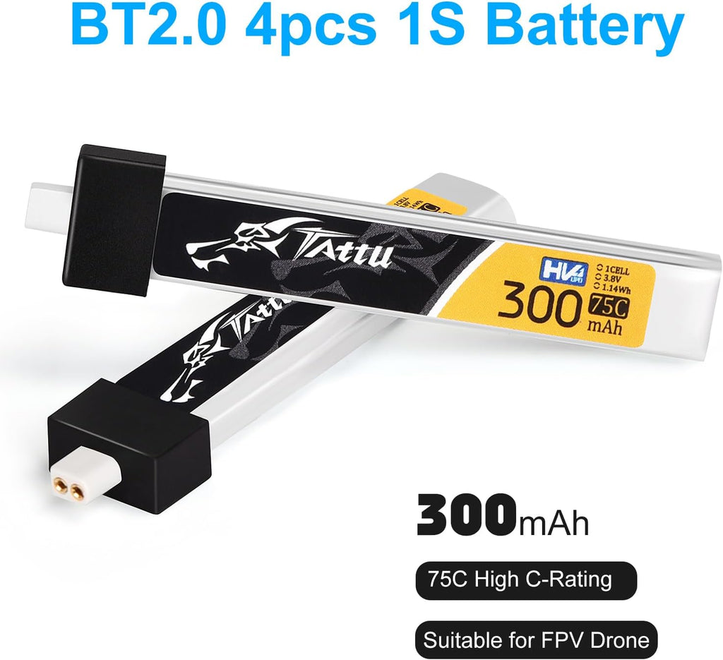 4pcs BT2.0 300mAh 1S Battery 3.8V 75C FPV Lipo Battery with BT2.0 Plug Connector for FPV Tiny Whoop 1S Brushless Whoop Drone