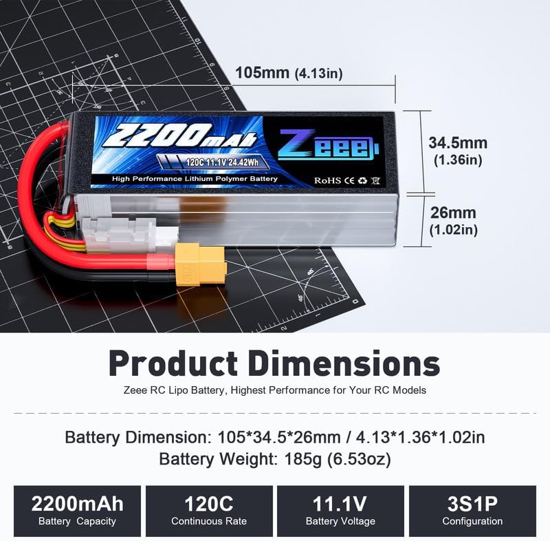 Zeee 3S 120C 2200mAh 11.1V Lipo Battery with XT60 Plug RC Graphene Lipo for FPV Drone Quadcopter Helicopter Airplane RC Boat RC Car RC Models(2 Pack)