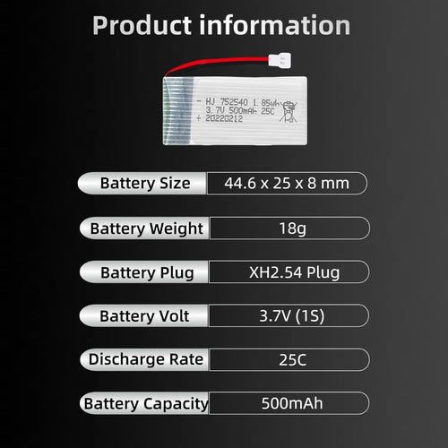 2 Pcs 3.7V 500mAh 25C 752040 Rechargeable Lipo Battery with USB Charger for Syma X5C cheerson CX30 skytech M68 BBS 868 Quadcopter RC Drone Spare Parts