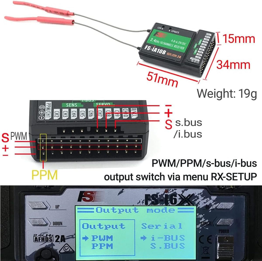 FS-i6X 10 Channels RC Transmitter and Receiver FS-iA10B 2.4GHz Fly AFHDS2A Sky Radio Control System for FPV Drone Quadrotor, Fixed Wing, RC Car and Boat (Mode 2 Left-Hand Throttle) Black