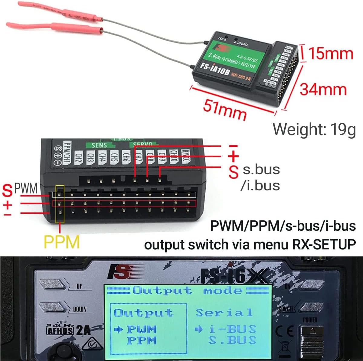 FS-i6X 10 Channels RC Transmitter and Receiver FS-iA10B 2.4GHz Fly AFHDS2A Sky Radio Control System for FPV Drone Quadrotor, Fixed Wing, RC Car and Boat (Mode 2 Left-Hand Throttle) Black
