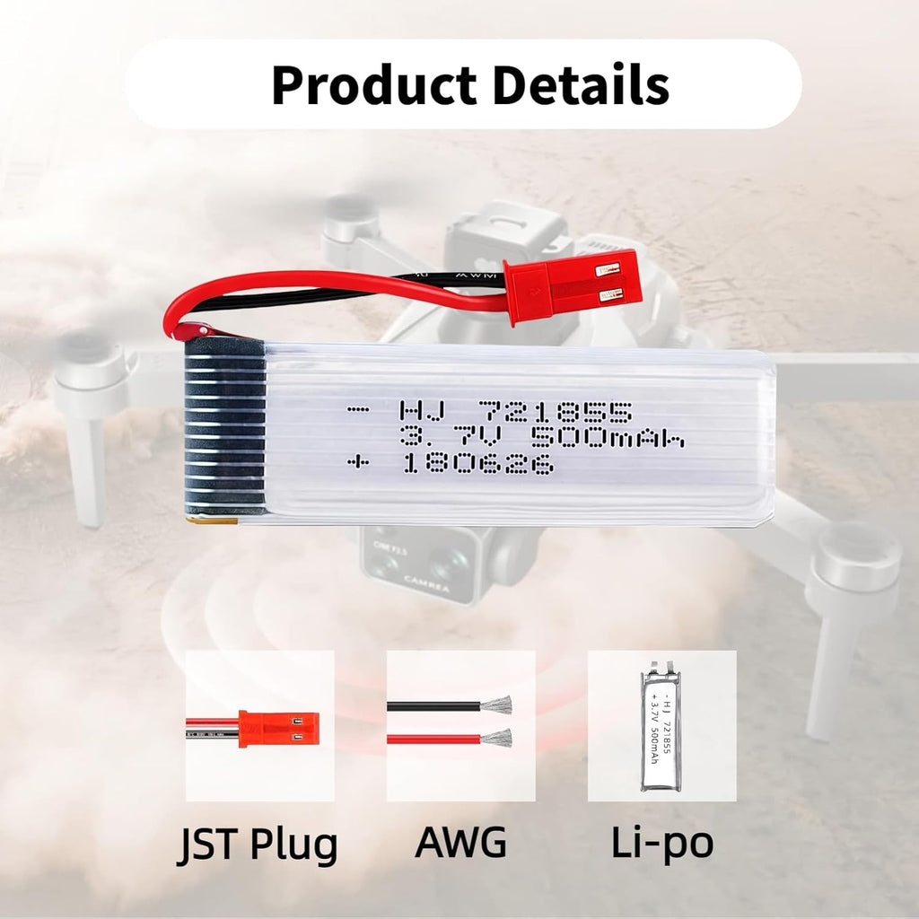 2 Pcs 3.7V 500mAh 25C 721855 JST Plug Rechargeable Lipo Battery with 1S USB Charger for UDI U818A U817A U817 U818A-1 V959 V222 V929 RC Quadcopter Drone