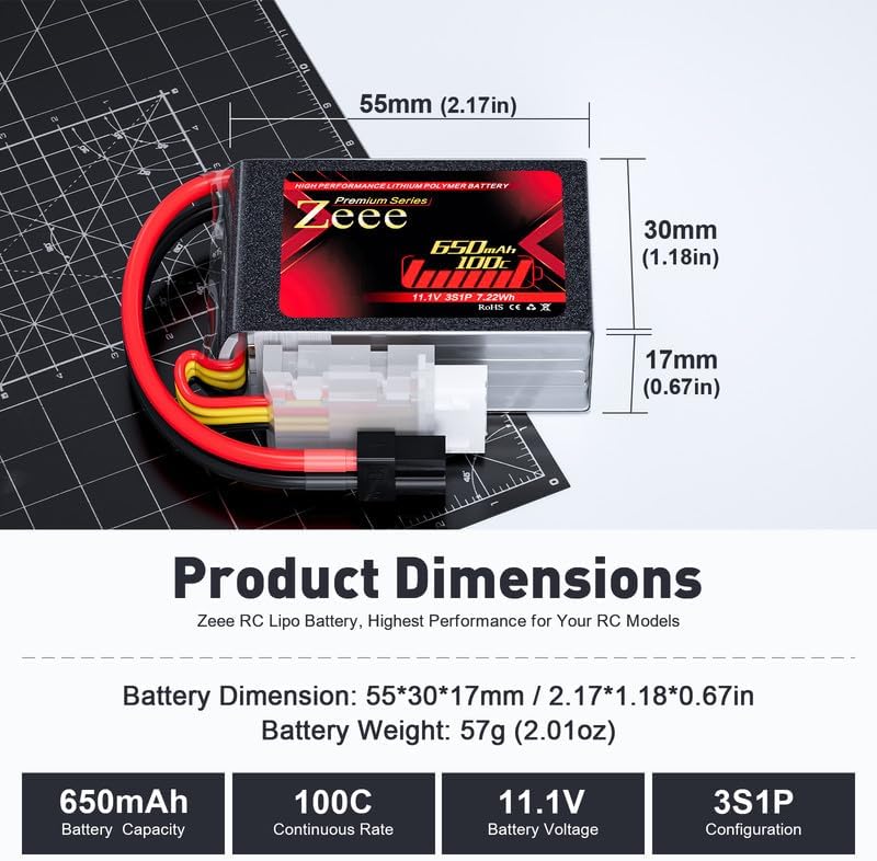 Zeee Premium Series 3S Lipo Battery 650mAh 11.1V 100C with XT30 Plug for FPV Racing Drone Quadcopter Helicopter Airplane RC Boat RC Car RC Models(2 Pack)