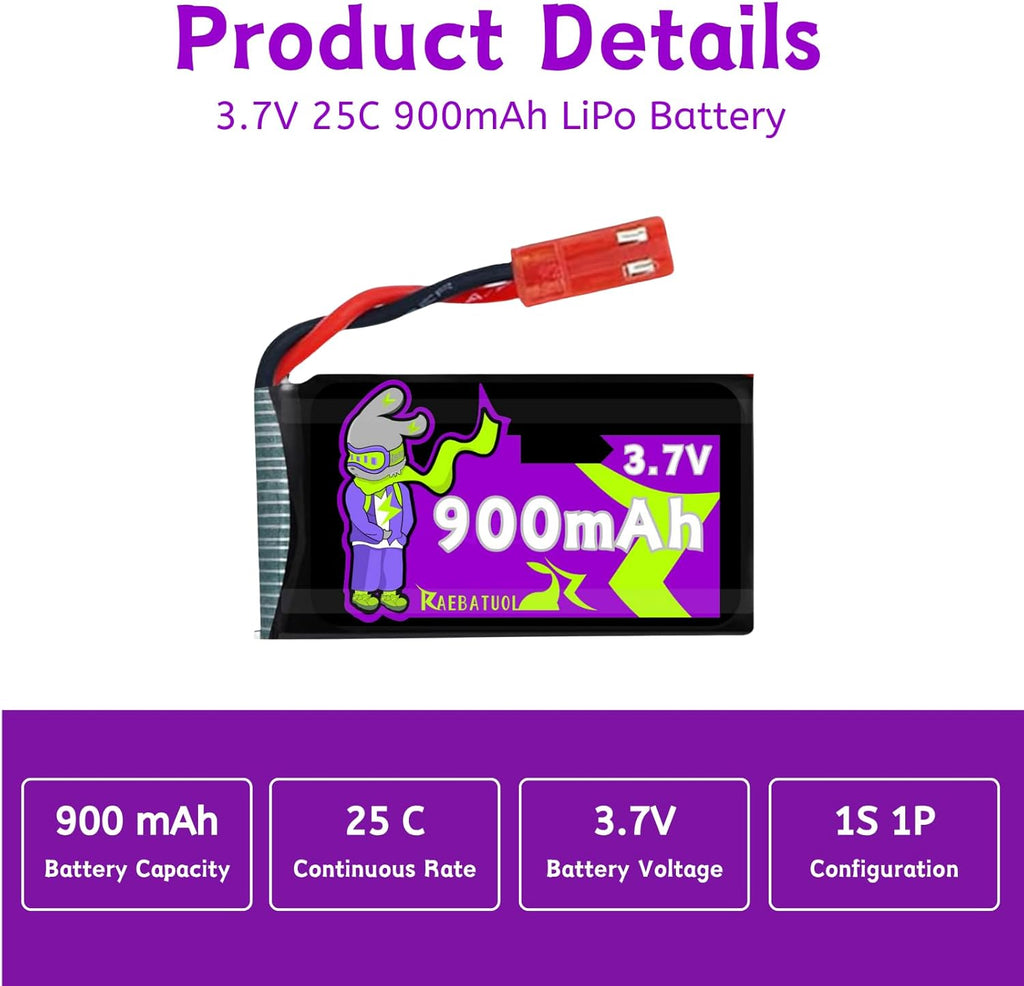 3.7V Lipo Battery 900mAh JST Plug 932540 for MJX Syma Holy Stone Sky Viper RC Quadcopter Drone X56W X400 X400W X300C X400C X800 HS110 HS200 S670 V950hd S1750 V2450 with Chargrer
