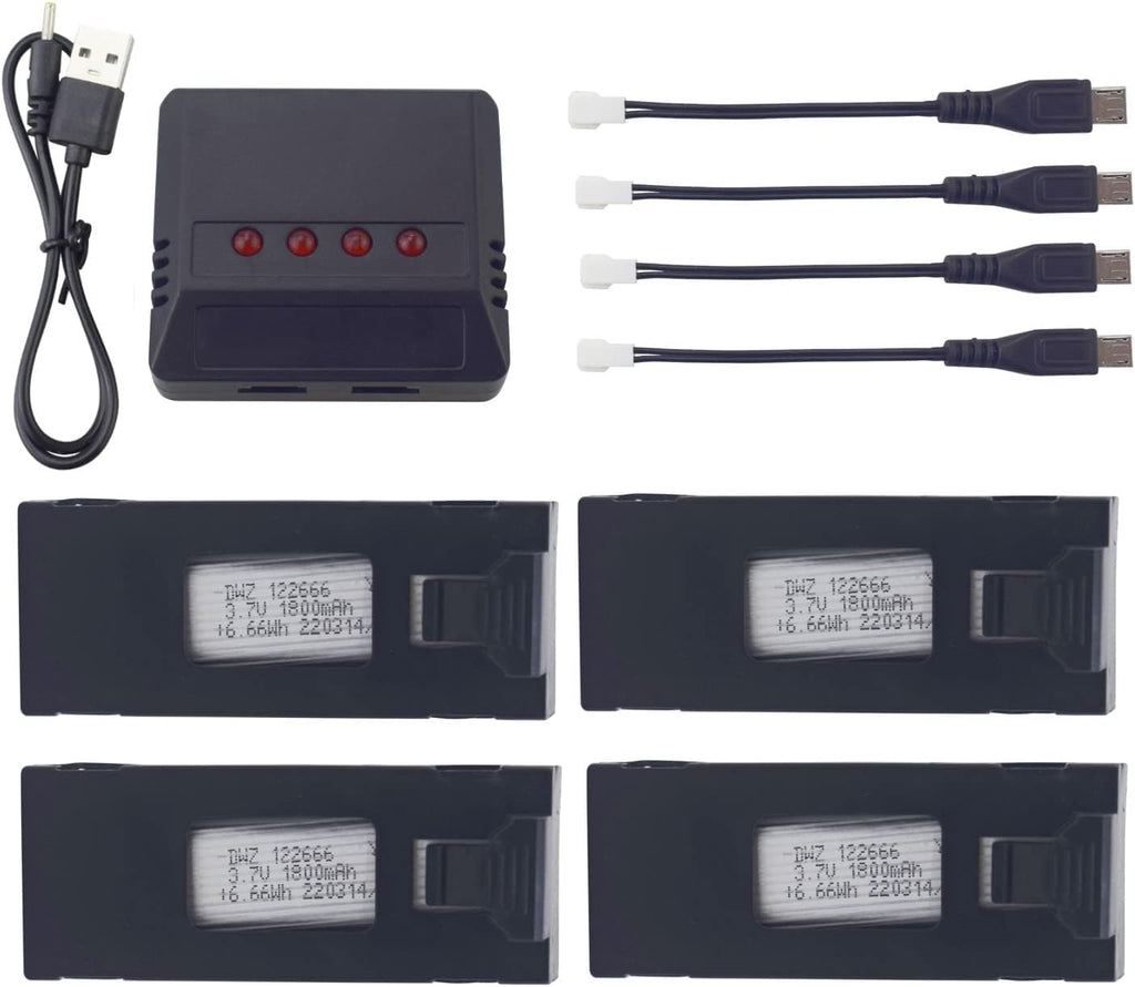 sea jump 4PCS 3.7V 1800mah Lithium Battery with 4in1 Charger for E88 E88PRO E88MAX E525 E99 E99PRO P1 P5PRO K3 S1 P8 RC Four-axis Aircraft Accessories UAV Spare Lithium Battery