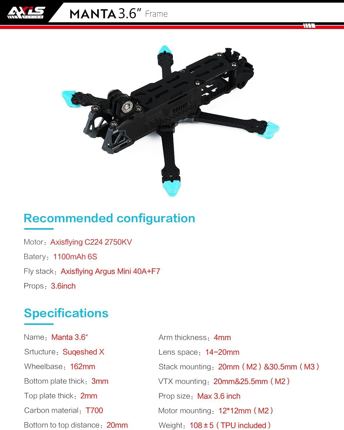 SPARKHOBBY Axisflying Manta 3.6inch Squashed-X Carbon Fiber Frame Kit Wheelbase 162mm Suitable for Gemfan-3630 Prop 3.6¡± Freestyle Drones (3.6 Manta KIT)
