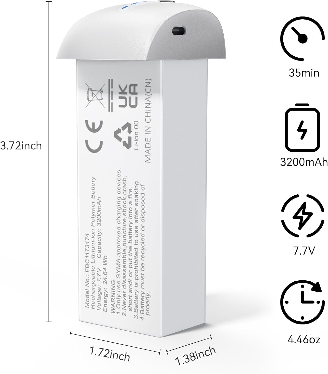 Ruko F11PRO 2 Drone Battery, 7.7V 3200mAh Rechargeable Lithium Battery with Type-C Cable, Support Fast Charging, Grey