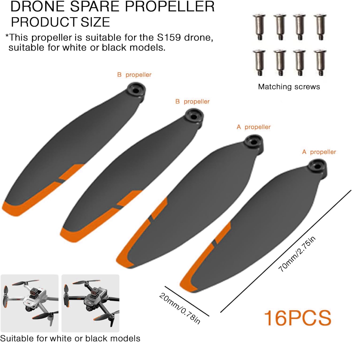 16PCS Foldable Drone Propellers Replace Parts for Most Drone Spare Part, 2.75-Inch Universal Replacement Blades,70mm Low-Noise and Quick-Release Blades Props Wings Accessories(Orange)