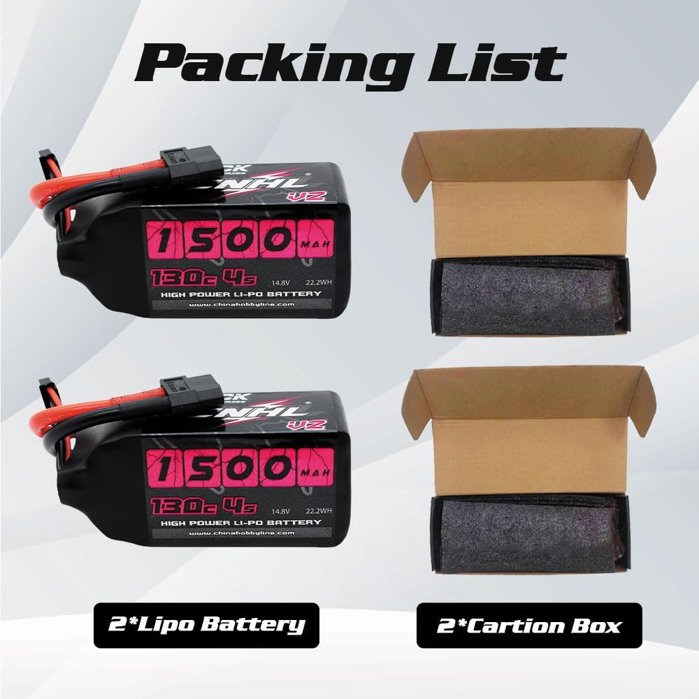 CNHL 1500mAh 130C 4S Lipo Battery 14.8V with XT60 Plug for FPV Drone Racing RC Quadcopter Helicopter Airplane Boat Car(2 Packs)