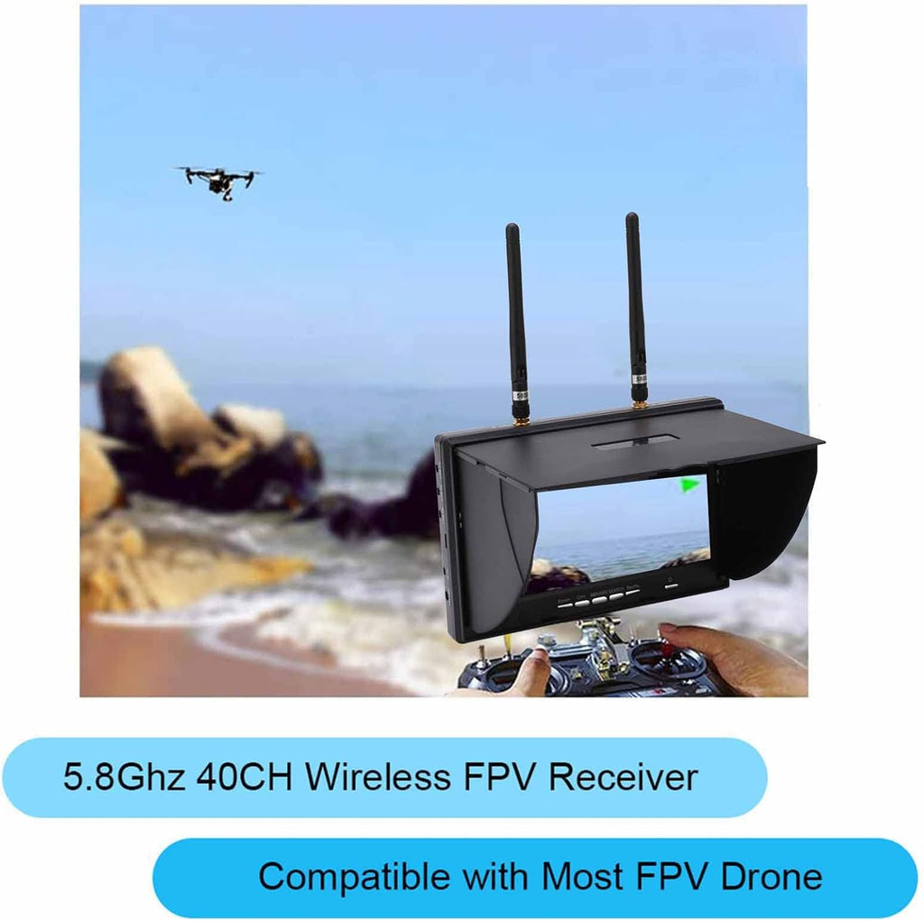 5.8Ghz FPV Receiver Monitor 7 Inch, Dual Diversity Receiver with 40 Channels Auto-Scan, 800x480 Resolution 600cd/m2 Brightness LCD Screen for FPV Drone Racing and Outdoor Monitoring