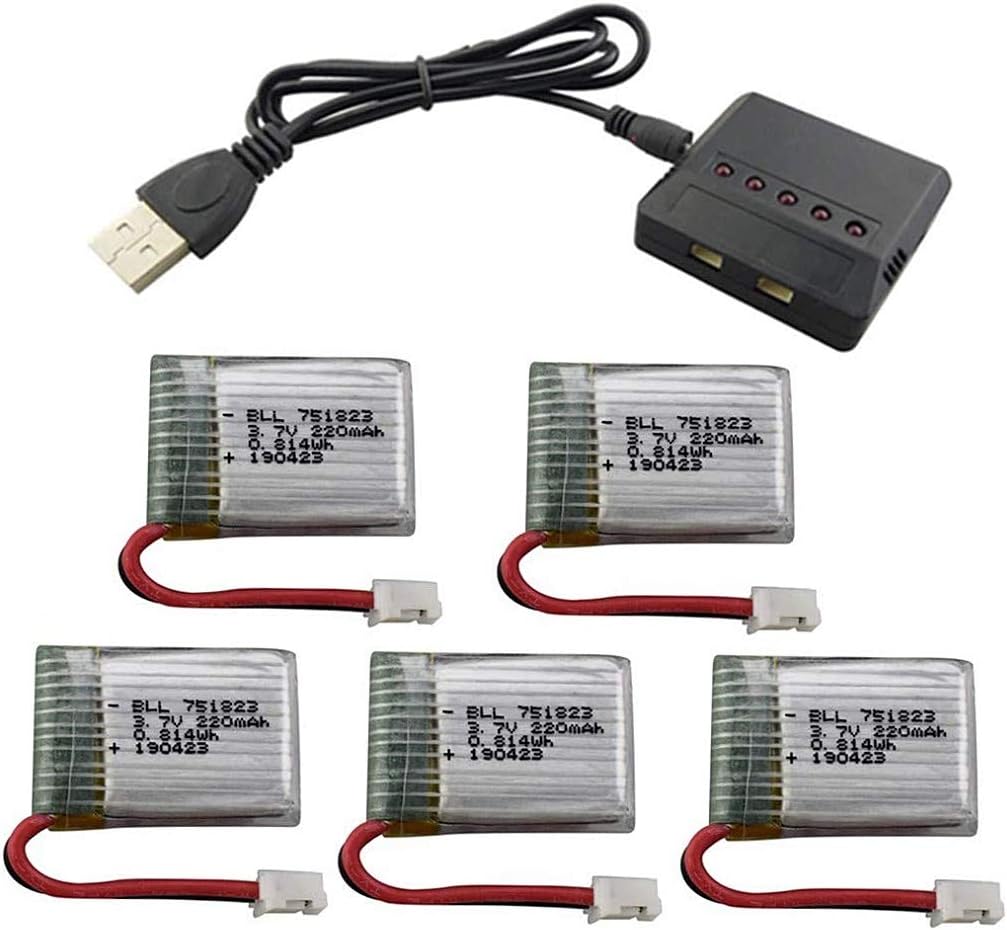 5PCS 3.7V 220mAh Batteries with 5 in 1 Charger for E010 GoolRC T36 NINHUI NH010 F36 JJRC H36 HS210