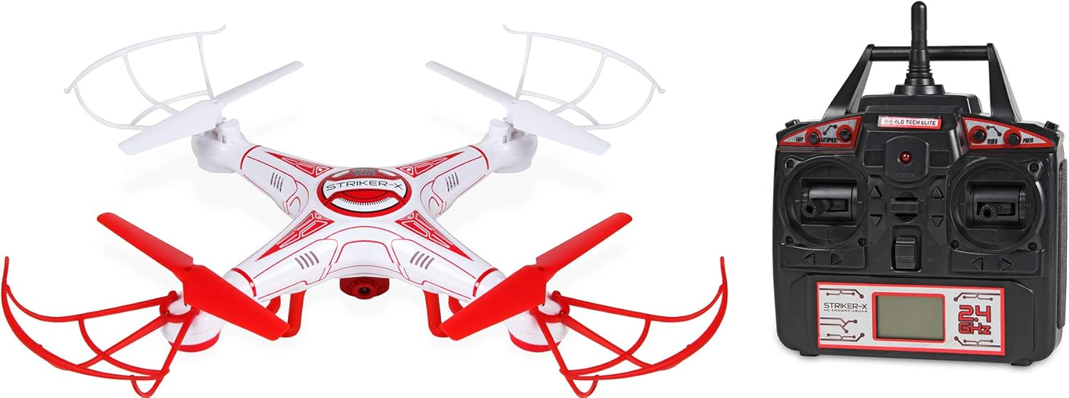 World Tech Toys Striker-X HD Camera Drone 2.4Ghz 4.5Ch HD Picture/Video Camera RC Quadcopter Vehicle, Red/White, 12 x 12 x 2.75