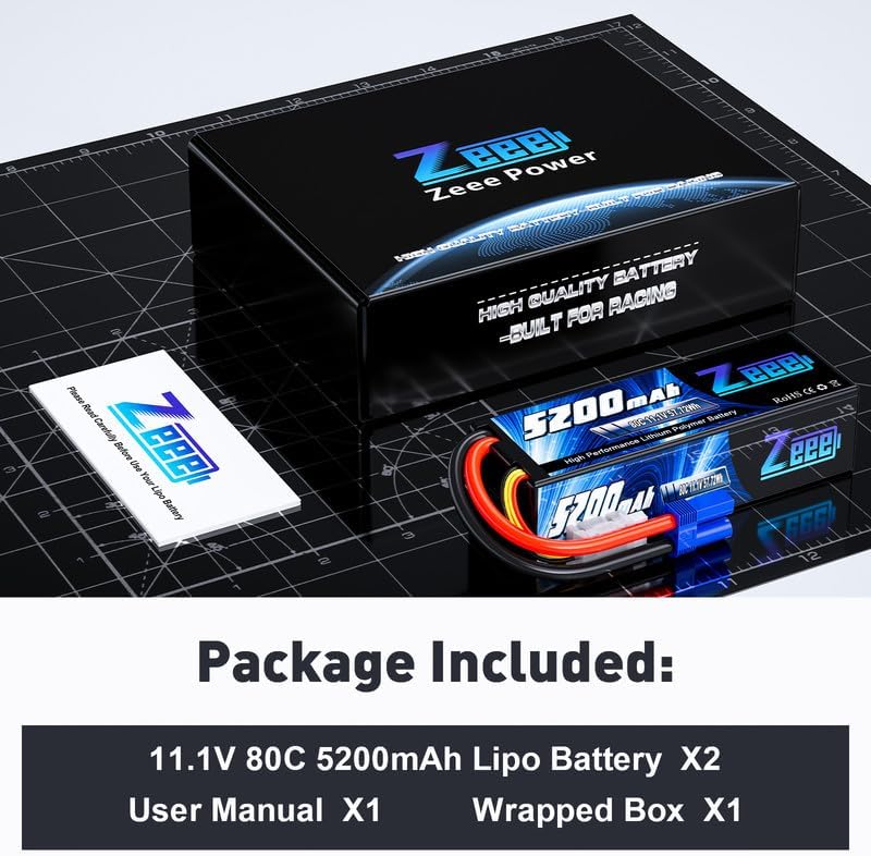 Zeee 3S Lipo Battery 5200mAh 11.1V 80C Hard Case RC Lipo with EC5 Connector for 1/5 1/8 1/10 RC Car Boat Truck Heli Airplane UAV Drone FPV Racing Models(2 Packs)
