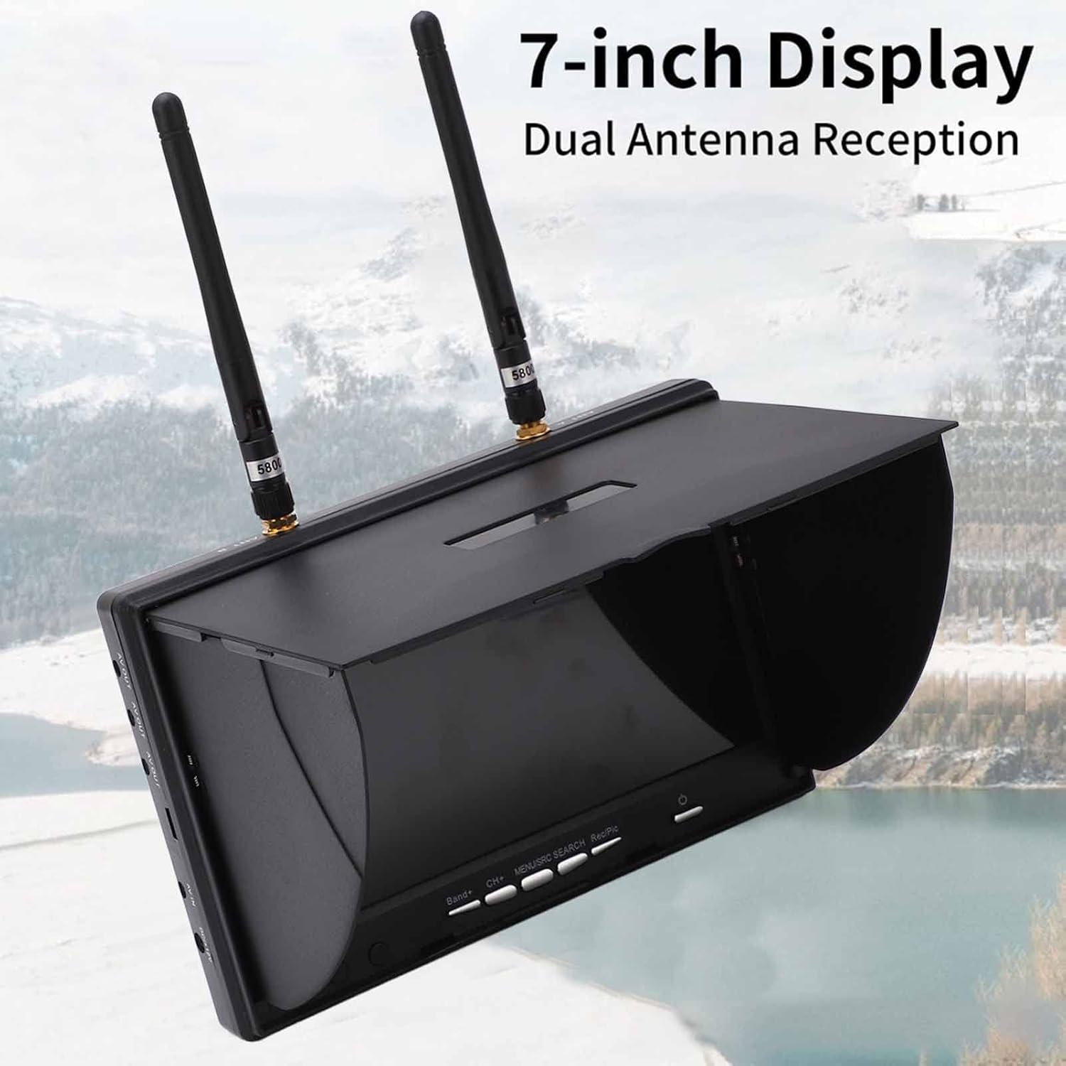 5.8Ghz FPV Receiver Monitor 7 Inch, Dual Diversity Receiver with 40 Channels Auto-Scan, 800x480 Resolution 600cd/m2 Brightness LCD Screen for FPV Drone Racing and Outdoor Monitoring