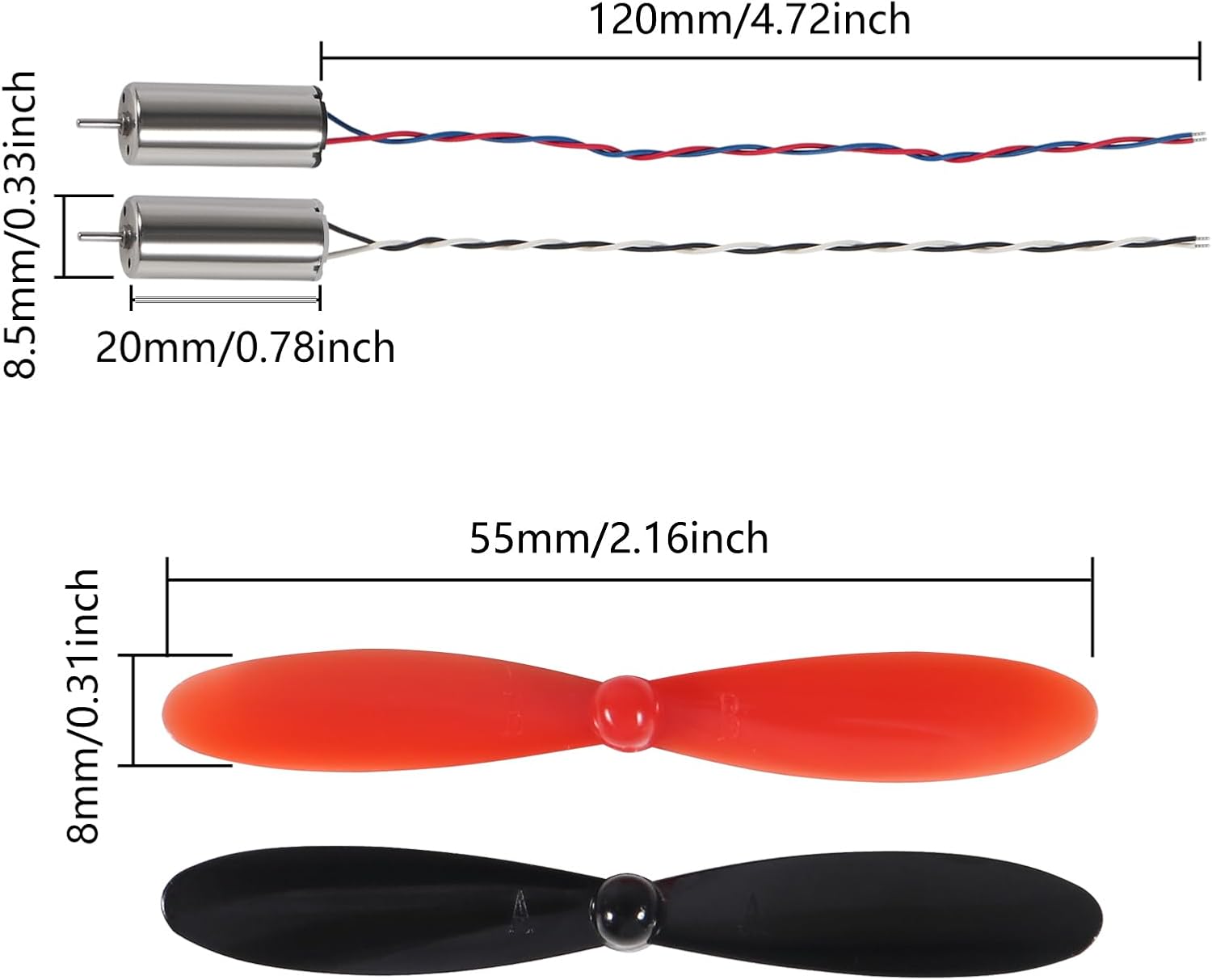 8pcs 8520 Coreless Motor 8.5 x 20mm Brushed Motors Hollow Cup Drone Motor+ 8pcs 55mm CW CCW Propeller for DIY Micro Quadcopter RC Drone