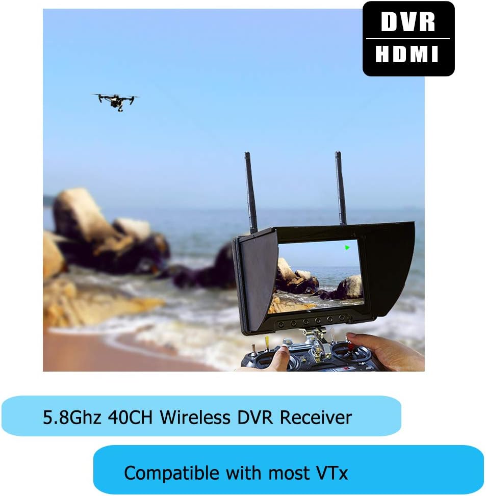 Black Pearl Diversity Monitor RC801 FPV Monitor with DVR 5.8Ghz 40CH 7inch FPV Screen Receiver Built in Battery with Sunshade Hood for RC Racing Drone DJI Phantom Airplane (SMA ANT)