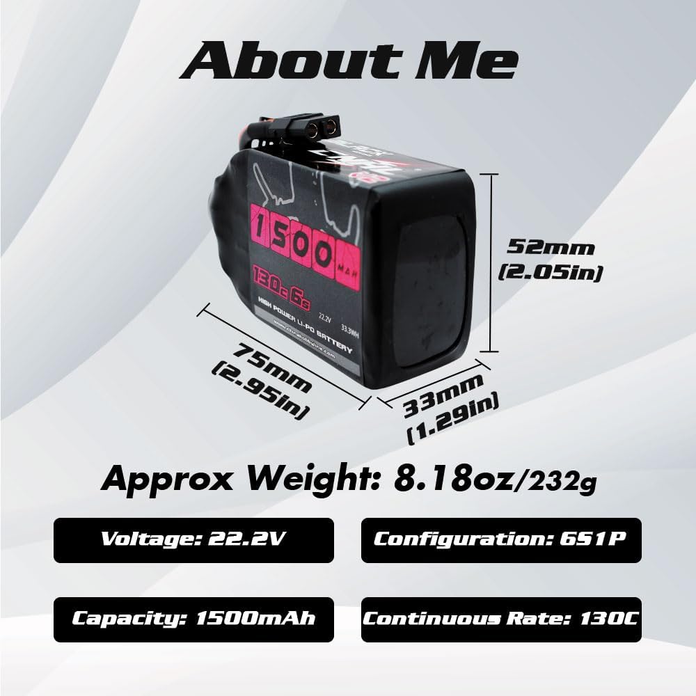 CNHL 6S Lipo Battery 1500mAh 22.2V 130C with XT60 Plug for FPV Drone Racing RC Quadcopter Helicopter Airplane (2 Packs)