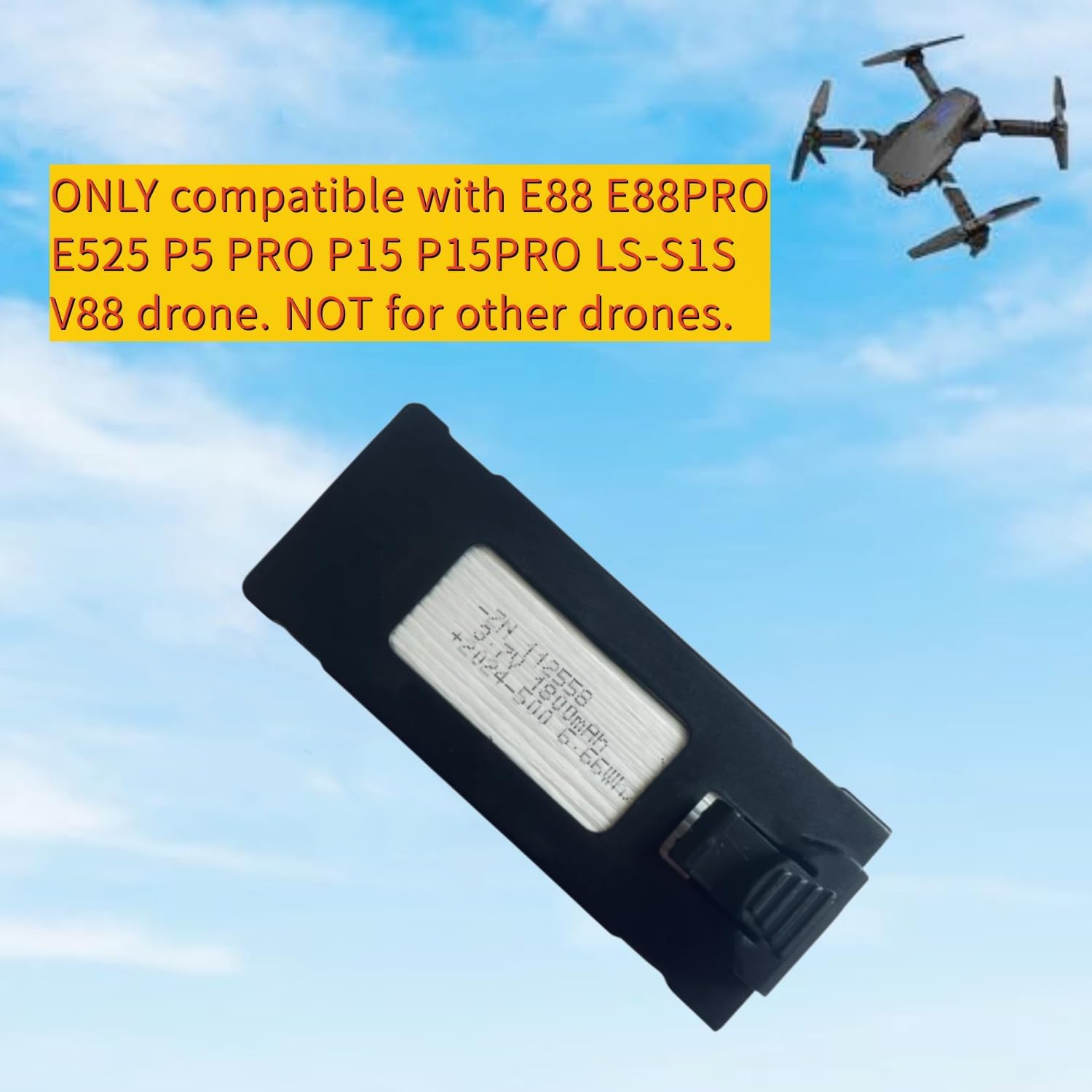 3.7V 1800mAh Rechargable Battery ONLY for E88 E88PRO E525 P5 PRO P15 P15PRO LS-S1S V88 Drone Replacement Batteries Quadcopter with USB Charging Cable (Black)