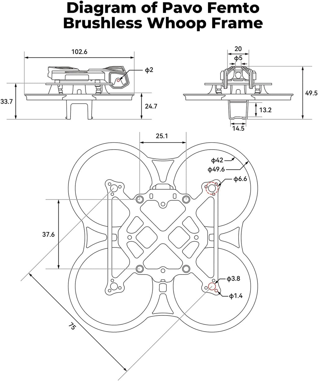 BETAFPV Pavo Femto Brushless Whoop Drone Frame with HD VTX Bracket Camera Canopy for O4 Air Unit, Modular Design, 75mm Wheelbase, PA12 Material, Effortless Install, for DIY Cinewhoop Drone Quadcopter