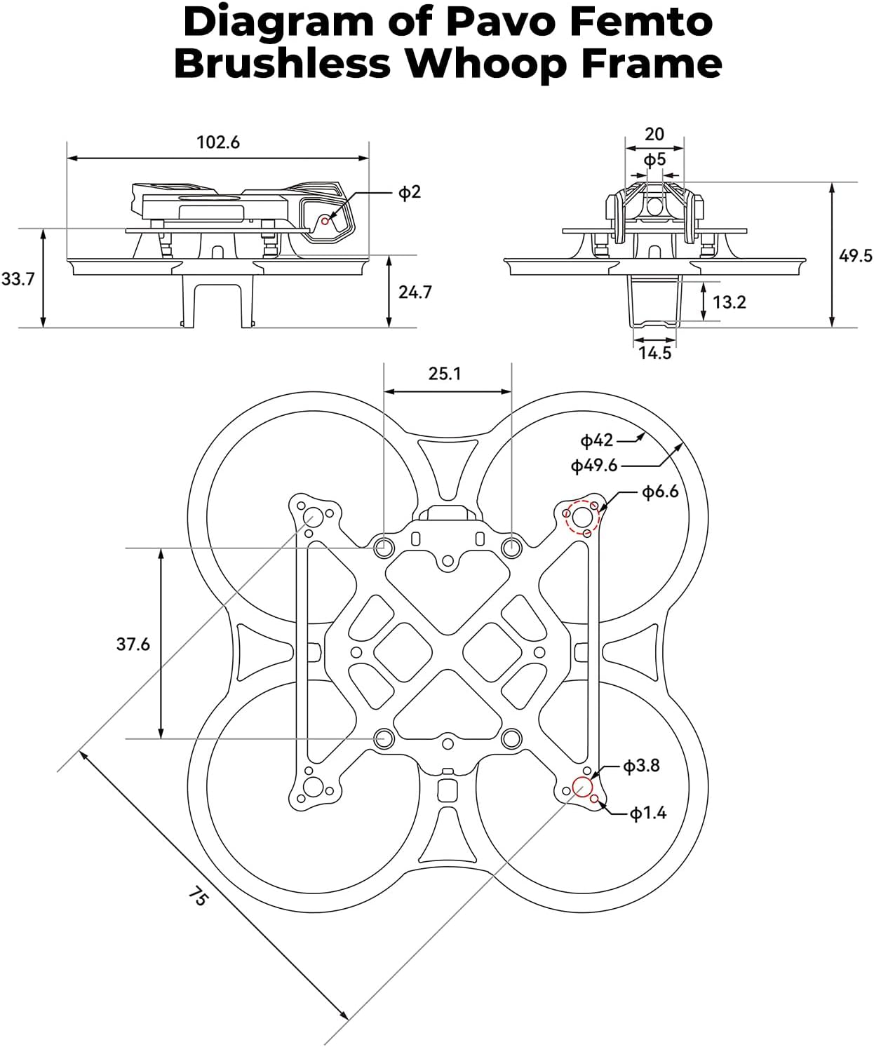 BETAFPV Pavo Femto Brushless Whoop Drone Frame with HD VTX Bracket Camera Canopy for O4 Air Unit, Modular Design, 75mm Wheelbase, PA12 Material, Effortless Install, for DIY Cinewhoop Drone Quadcopter