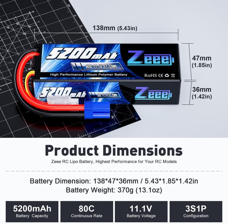 Zeee 3S Lipo Battery 5200mAh 11.1V 80C Hard Case RC Lipo with EC5 Connector for 1/5 1/8 1/10 RC Car Boat Truck Heli Airplane UAV Drone FPV Racing Models(2 Packs)