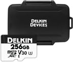 Delkin Devices 256GB microSD Card (100MB/s) + Rugged CFexpress/SD/microSD Storage Tote ¨C High-Speed Memory Card + Weather-Resistant Case Bundle for Cameras, Drones & Action Cameras