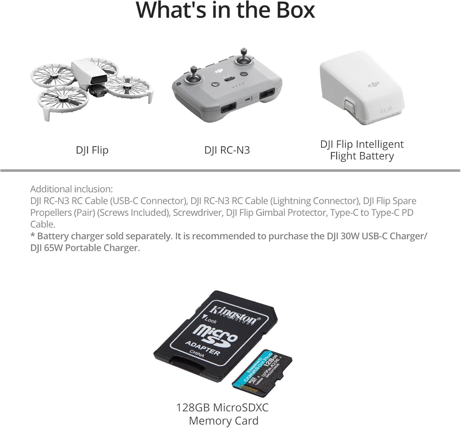 DJI Flip Mini Camera Drone with DJI RC-N3 Controller Bundle with 128GB MicroSDXC Canvas Go Plus Memory Card (2 Items)