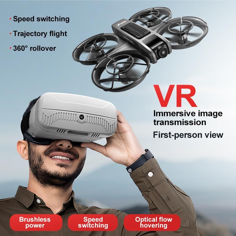 VR FPV Hobby Drone with VR Goggles, One Key Takeoff/Landing, APP Control, Brushless Motor, Dual Batteries, Beginner-Friendly Quadcopter with Propeller Guards, Altitude Hold, Optical Flow Positioning, Dual Cameras & LED Night Lights, a first-person view