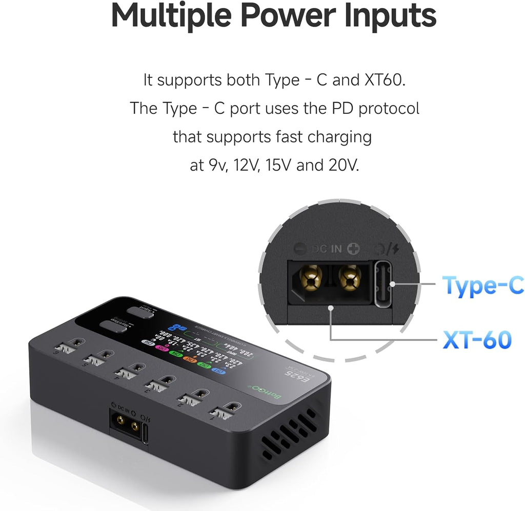 ISDT E625 6-Channel 1S LiHV/LiPo Battery IPS Screen Smart Charger/Discharger, Type-C/XT60 PD Powered with BT2.0/PH2.0 Ports, Features 4.35V 2.5A Fast Charging for Tiny Whoop FPV Drones RC Batteries