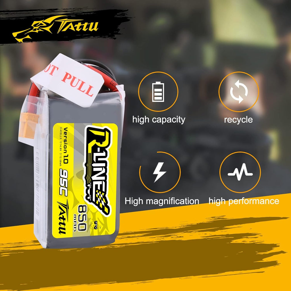 TATTU R-Line 850mAh 14.8V 95C 4S LiPo Battery Pack with XT60 Plug for Multirotor FPV from Size 100 to 180