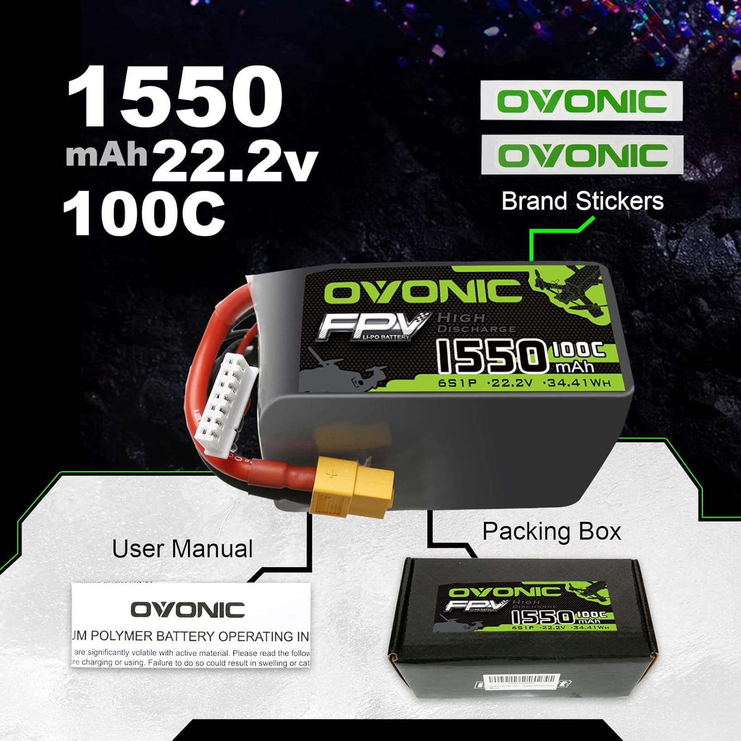 OVONIC 6S Lipo Battery 100C 1550mAh 22.2V Lipo Battery with XT60 Connector for RC FPV Racing Drone Quadcopter